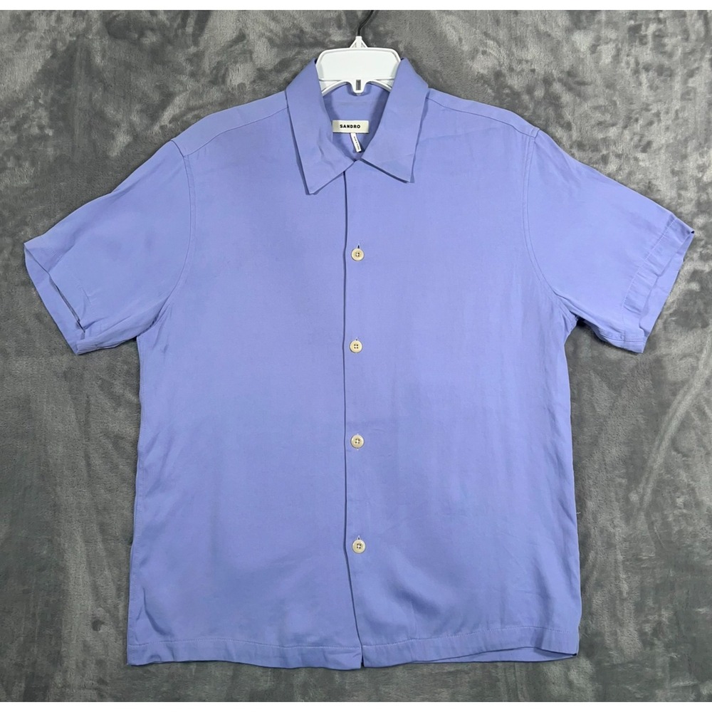 Sandro Short Sleeve Shirt Mens Medium Blue Purple Shark Collar Loose Fit